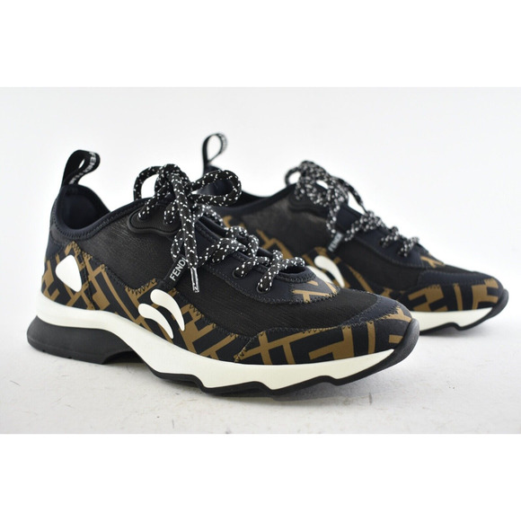 Fendi Freedom Logo Black Brown White FF Zucca Low Top Tie Trainer Sneaker 36.5 - Picture 4 of 11